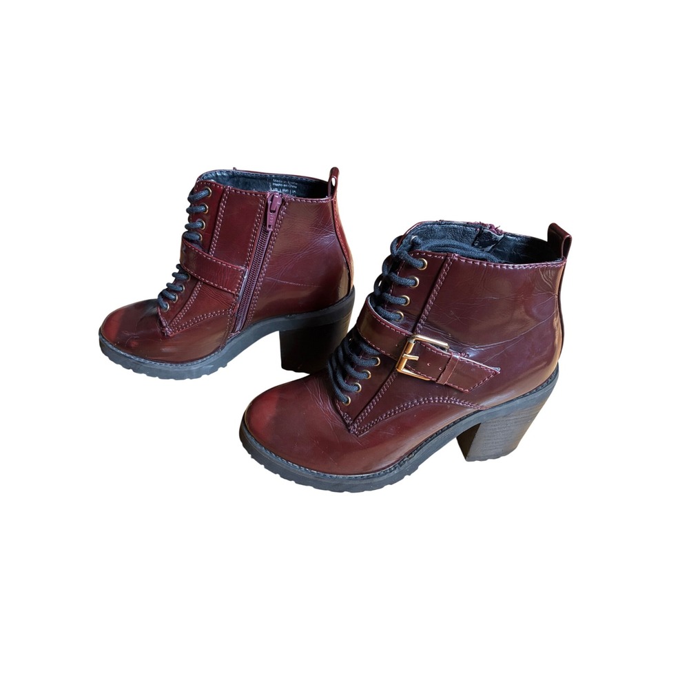 Vintage Aldo Burgundy Patent Lace Up Block Heel Ankle Boots Lug Sole Buckle 8